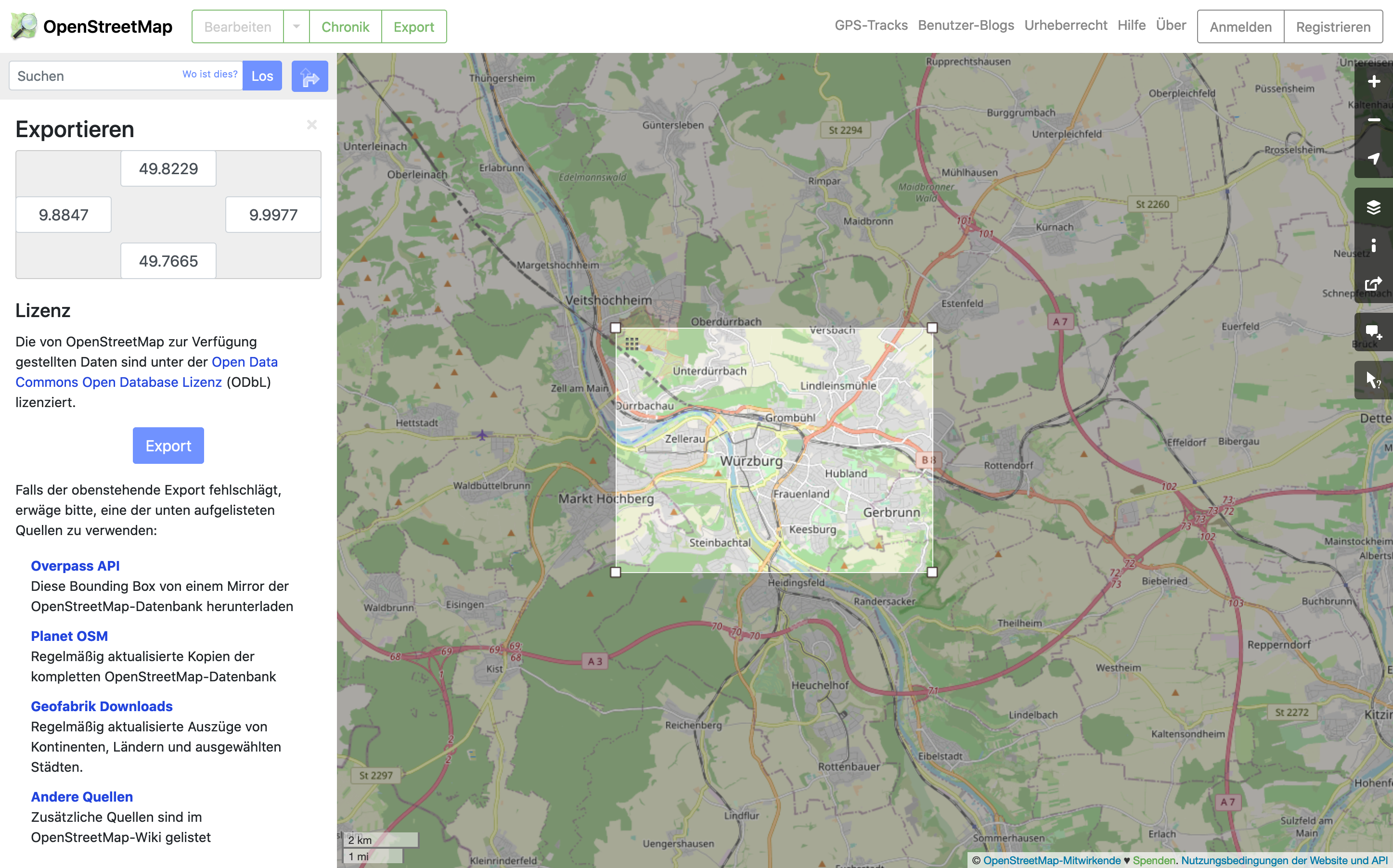 Export von Daten auf der OpenStreetMap Webseite