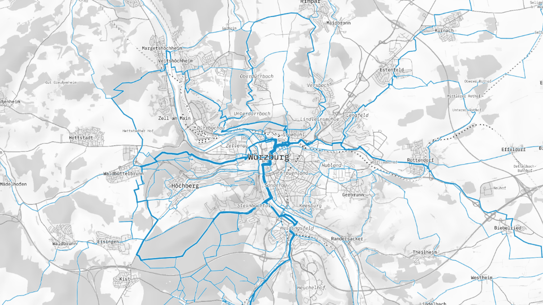 Landkarte mit überlagertem Wegenetz. Die Wege sind breiter, je öfter sie benutzt wurden.
